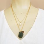 Olive Green Sea Glass Necklace - Double layer with pearl