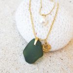 Olive Green Sea Glass Necklace - Double layer with pearl