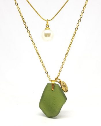 Olive Green Sea Glass Necklace - Double layer with pearl