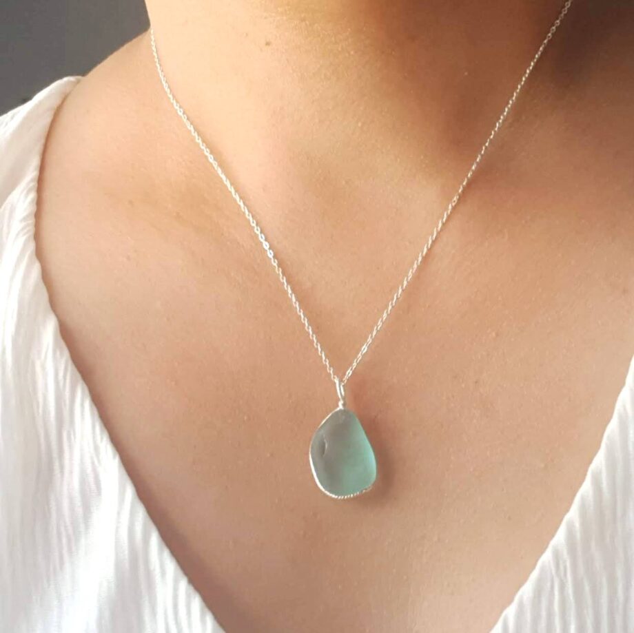 Light Aqua Nugget Sea Glass and Sterling Silver Pendant