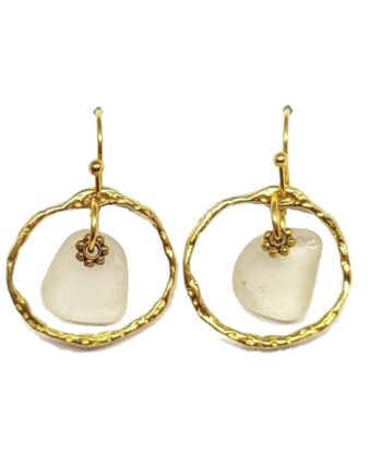 White Sea Glass and Stainless Steel Gold Earrings