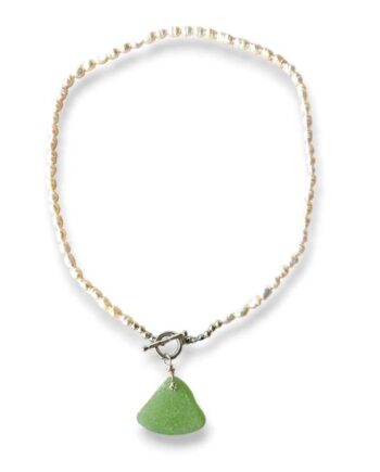 White Pearls and Light Green Sea Glass Necklace - Silver