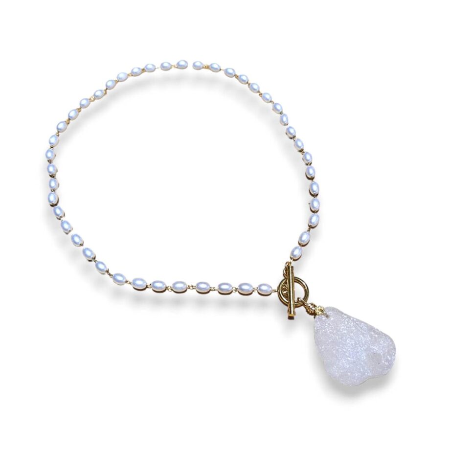 White Pearls and White Sea Glass Necklace - Gold