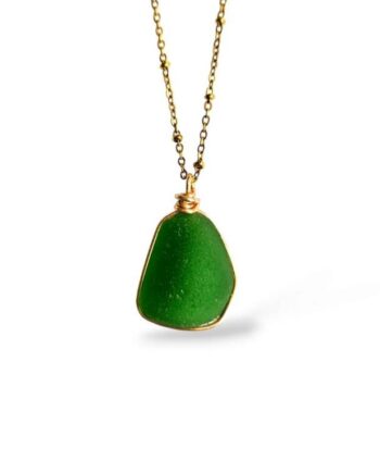 Emerald Green Nugget Sea Glass Necklace - Gold