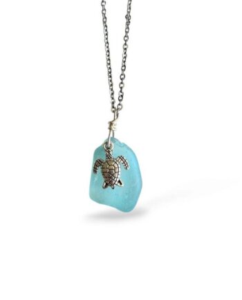 Aqua Sea Glass with Turtle Necklace