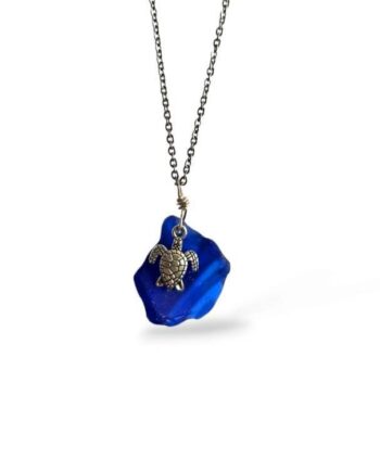 Blue Sea Glass with Turtle Necklace